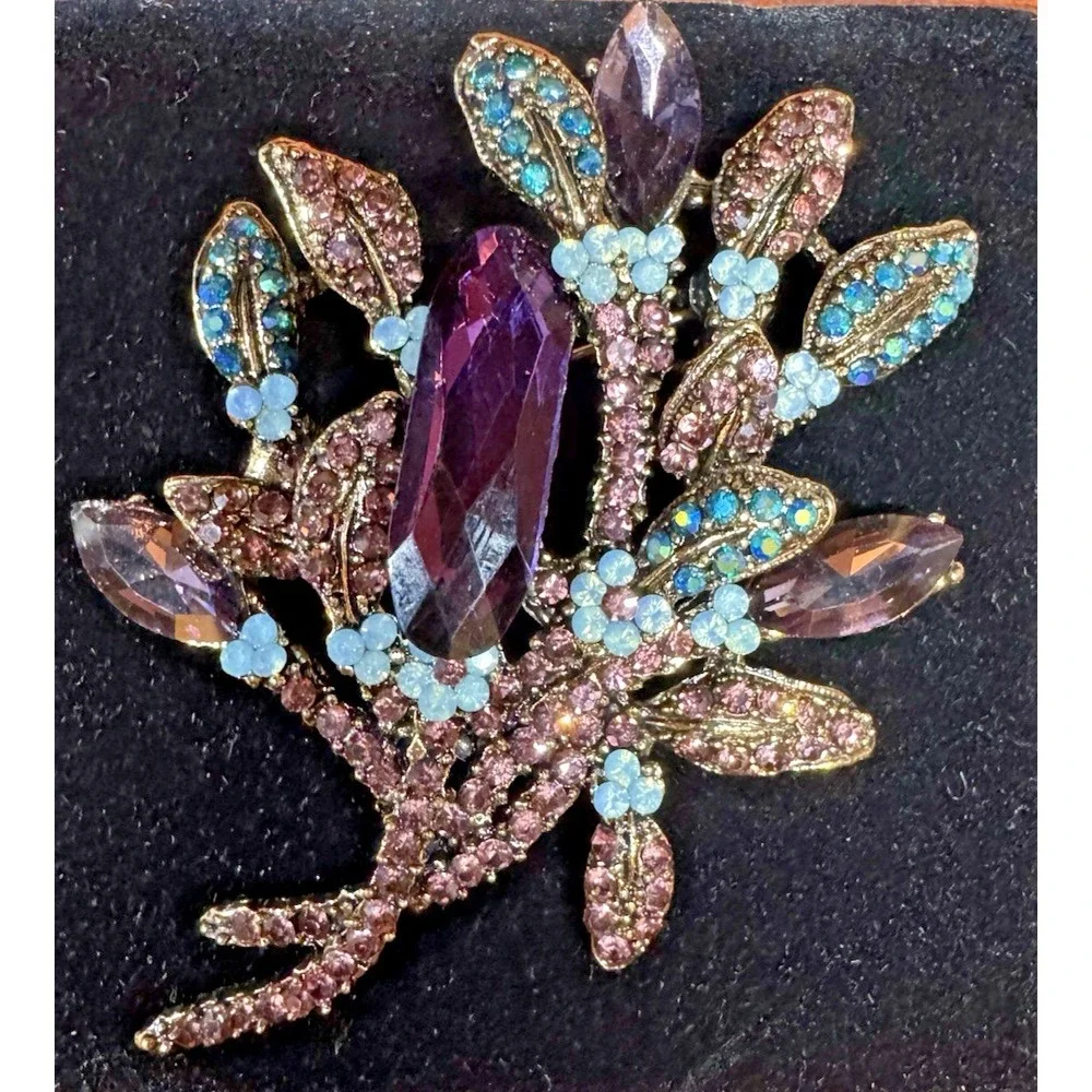 Vintage Amethyst Purple Rhinestone Floral Spray Brooch Aqua Accents Gold Tone